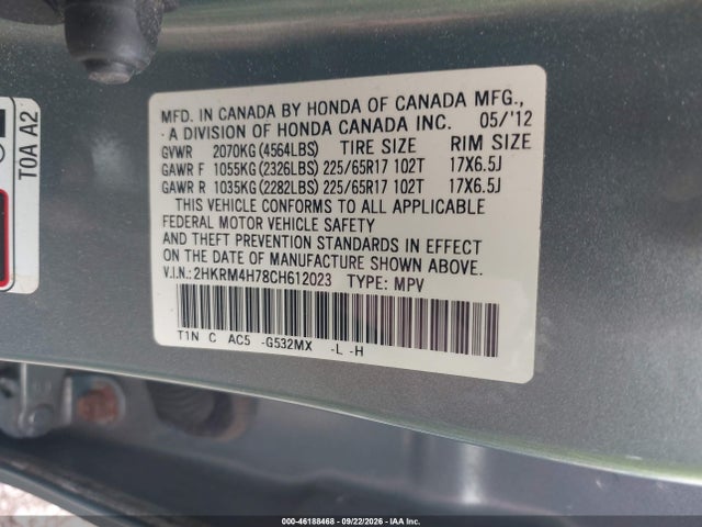 Продажа на аукционе авто 2012 Honda Cr-v Ex-l, vin: 2HKRM4H78CH612023, номер лота: 46188468