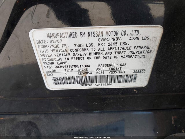 Aukcja sprzedaży 2007 Infiniti G35 G35x, vin: JNKBV61FX7M814304, numer aukcji: 46188472