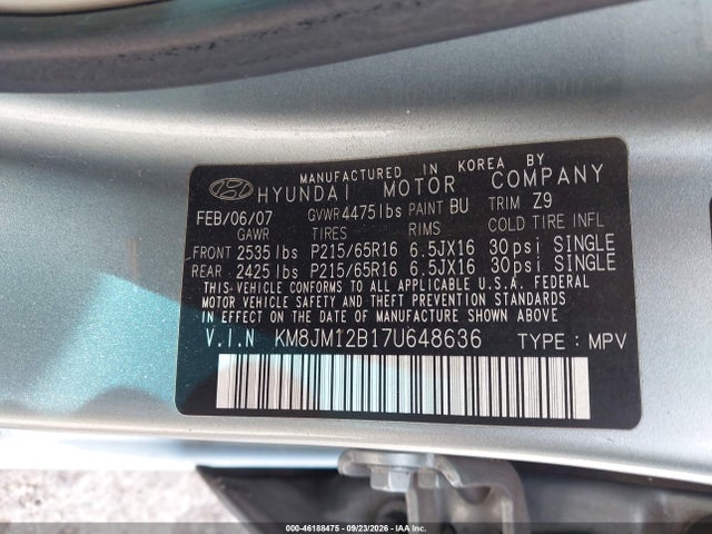 Aukcja sprzedaży 2007 Hyundai Tucson Gls, vin: KM8JM12B17U648636, numer aukcji: 46188475