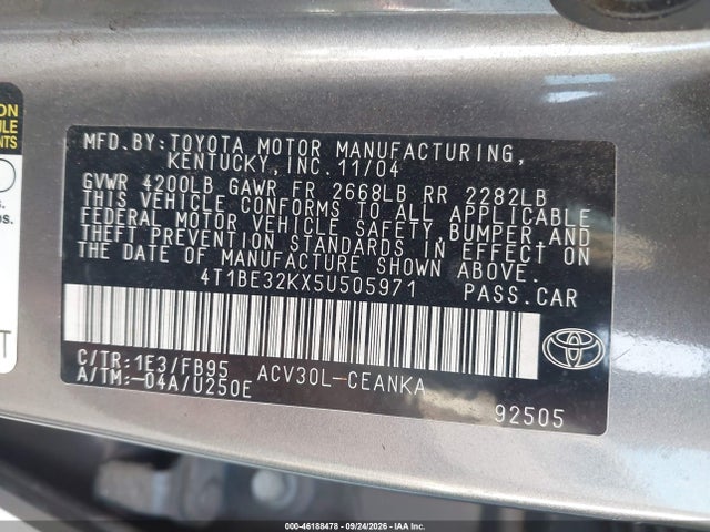 Aukcja sprzedaży 2005 Toyota Camry Std, vin: 4T1BE32KX5U505971, numer aukcji: 46188478