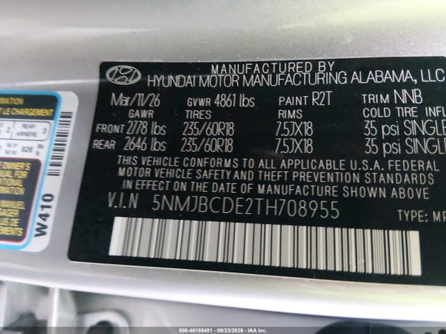 46188481 :رقم المزاد ، 5NMJBCDE2TH708955 vin ، 2026 Hyundai Tucson Sel مزاد بيع