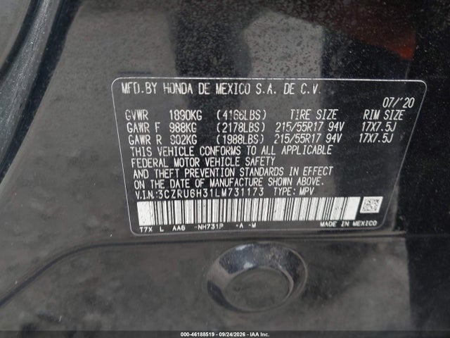 2020 Honda Hr-v Awd Lx მანქანა იყიდება აუქციონზე, vin: 3CZRU6H31LM731173, აუქციონის ნომერი: 46188519