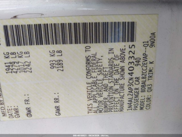 Продаж на аукціоні авто 2012 Nissan Altima 2.5 S, vin: 1N4AL2AP3CN403325, номер лоту: 46188521