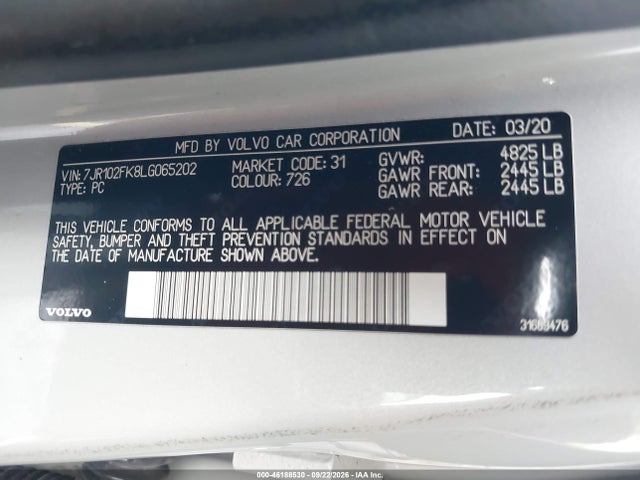 46188530 :رقم المزاد ، 7JR102FK8LG065202 vin ، 2020 Volvo S60 T5 Momentum مزاد بيع