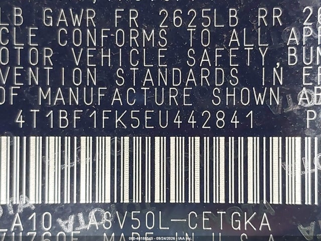 46188545 :رقم المزاد ، 4T1BF1FK5EU442841 vin ، 2014 Toyota Camry Xle مزاد بيع