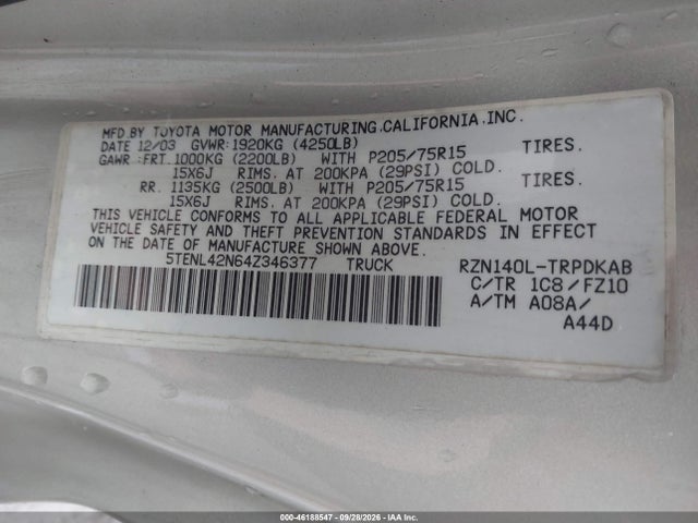 46188547 :رقم المزاد ، 5TENL42N64Z346377 vin ، 2004 Toyota Tacoma مزاد بيع
