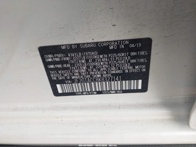 Aukcja sprzedaży 2019 Subaru Crosstrek 2.0i Premium, vin: JF2GTACC8K8327141, numer aukcji: 46188551