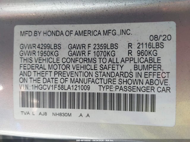 Aukcja sprzedaży 2020 Honda Accord Ex-l, vin: 1HGCV1F58LA121009, numer aukcji: 46188558
