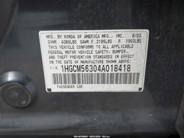 46188563 :رقم المزاد ، 1HGCM56304A018418 vin ، 2004 Honda Accord 2.4 Lx مزاد بيع