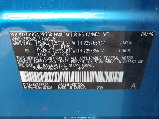 46188576 :رقم المزاد ، 2T3BFREV5JW843754 vin ، 2018 Toyota Rav4 Le مزاد بيع
