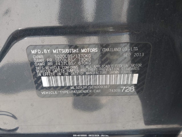 2014 Mitsubishi Mirage De მანქანა იყიდება აუქციონზე, vin: ML32A3HJ5EH009387, აუქციონის ნომერი: 46188580