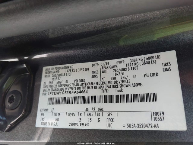 46188582 :رقم المزاد ، 1FTEW1C53KFA64664 vin ، 2019 Ford F-150 Lariat مزاد بيع