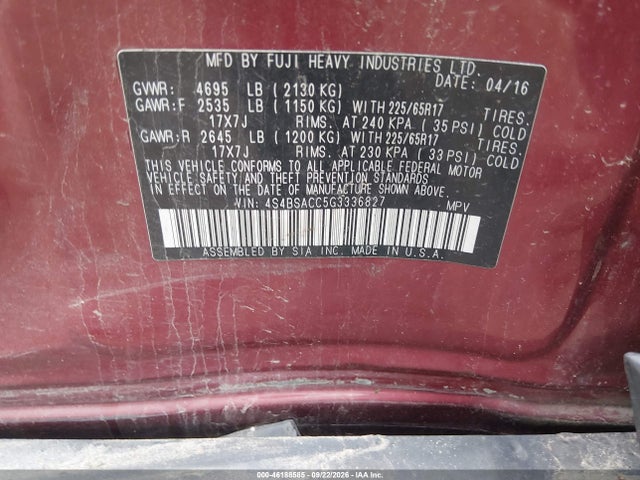 Aukcja sprzedaży 2016 Subaru Outback 2.5i Premium, vin: 4S4BSACC5G3336827, numer aukcji: 46188585