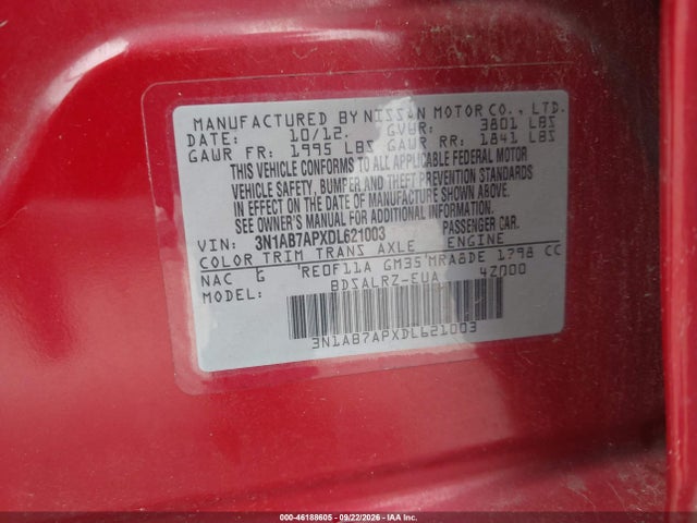 2013 Nissan Sentra Sr მანქანა იყიდება აუქციონზე, vin: 3N1AB7APXDL621003, აუქციონის ნომერი: 46188605