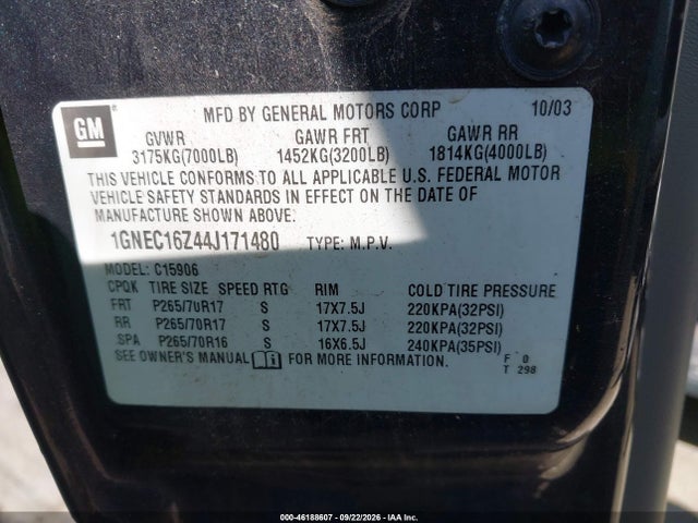 46188607 :رقم المزاد ، 1GNEC16Z44J171480 vin ، 2004 Chevrolet Suburban 1500 Ls مزاد بيع
