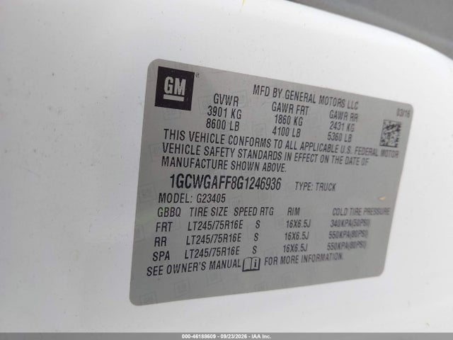 Aukcja sprzedaży 2016 Chevrolet Express Work Van, vin: 1GCWGAFF8G1246936, numer aukcji: 46188609