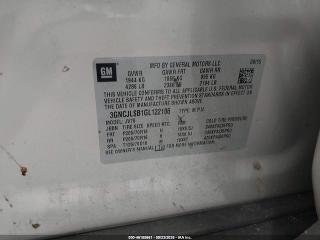 46188661 :رقم المزاد ، 3GNCJLSB1GL122106 vin ، 2016 Chevrolet Trax Lt مزاد بيع