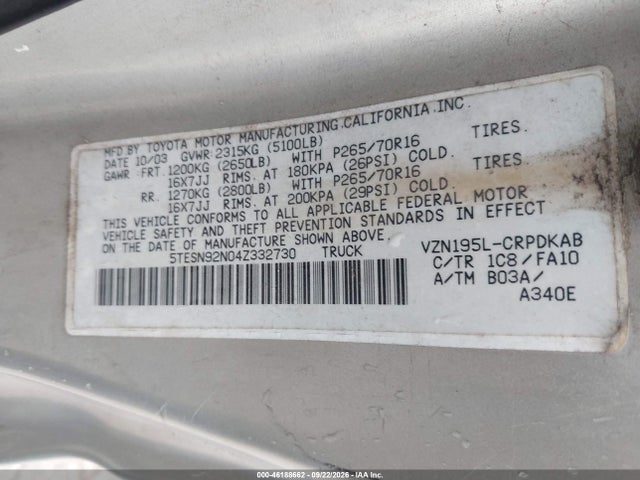 46188662 :رقم المزاد ، 5TESN92N04Z332730 vin ، 2004 Toyota Tacoma Prerunner مزاد بيع