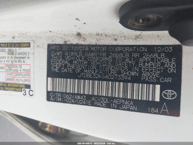 Aukcja sprzedaży 2004 Toyota Camry Le, vin: JTDBE32K640273394, numer aukcji: 46188675