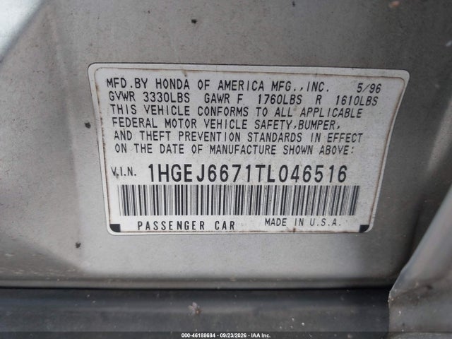 Продаж на аукціоні авто 1996 Honda Civic Lx, vin: 1HGEJ6671TL046516, номер лоту: 46188684