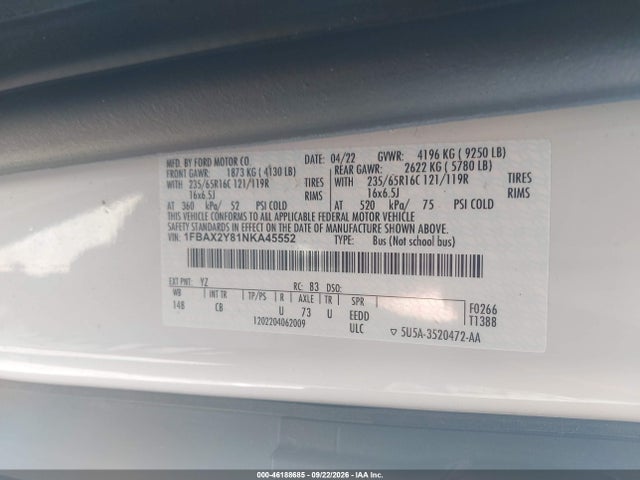46188685 :رقم المزاد ، 1FBAX2Y81NKA45552 vin ، 2022 Ford Transit-350 Passenger Van Xl مزاد بيع