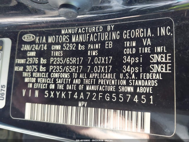 2015 Kia Sorento Lx V6 მანქანა იყიდება აუქციონზე, vin: 5XYKT4A72FG557451, აუქციონის ნომერი: 46188693