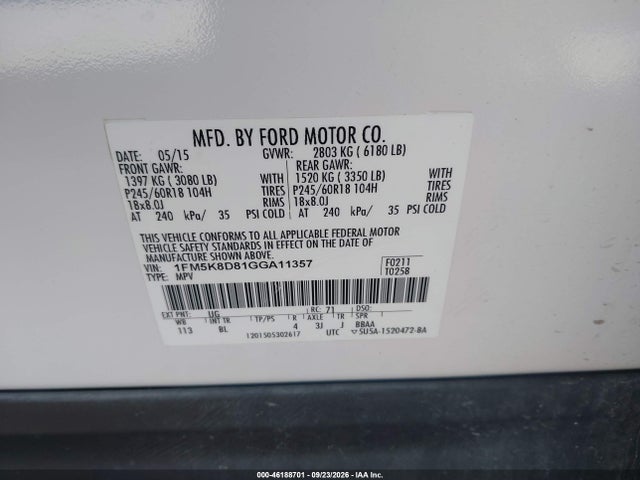 Продаж на аукціоні авто 2016 Ford Explorer Xlt, vin: 1FM5K8D81GGA11357, номер лоту: 46188701