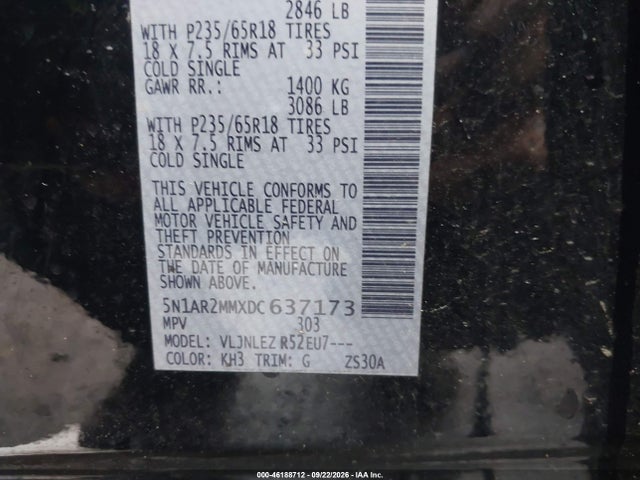 46188712 :رقم المزاد ، 5N1AR2MMXDC637173 vin ، 2013 Nissan Pathfinder Sv مزاد بيع