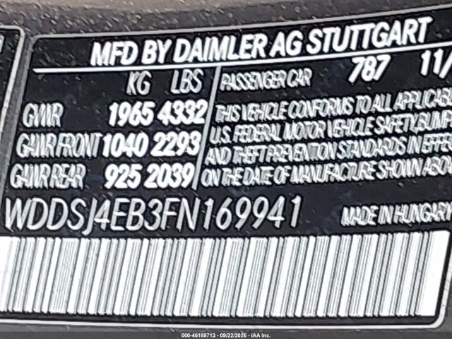 46188713 :رقم المزاد ، WDDSJ4EB3FN169941 vin ، 2015 Mercedes-benz Cla 250 مزاد بيع