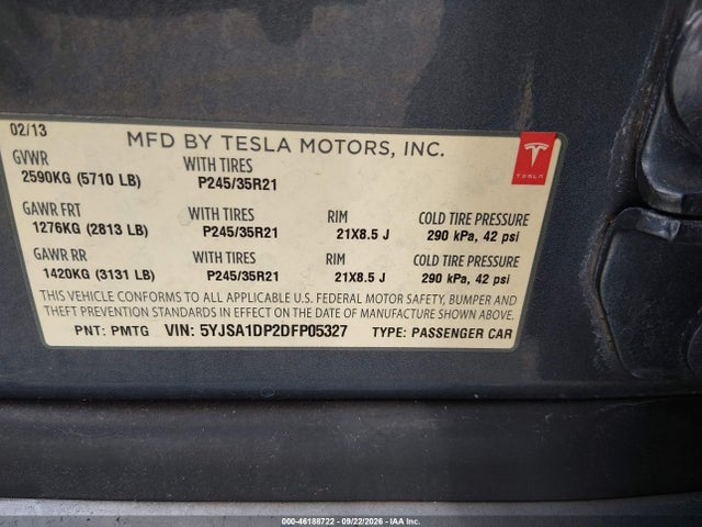 46188722 :رقم المزاد ، 5YJSA1DP2DFP05327 vin ، 2013 Tesla Model S Performance مزاد بيع