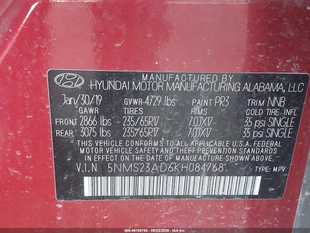 2019 Hyundai Santa Fe Se მანქანა იყიდება აუქციონზე, vin: 5NMS23AD6KH084768, აუქციონის ნომერი: 46188765