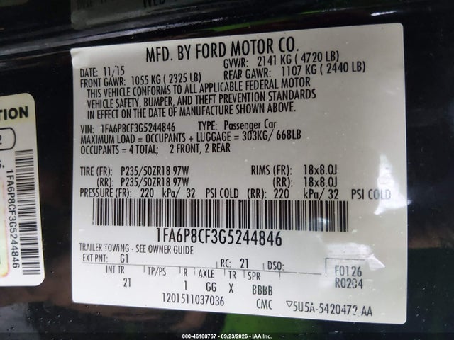 Продажа на аукционе авто 2016 Ford Mustang Gt, vin: 1FA6P8CF3G5244846, номер лота: 46188767