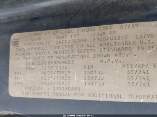 1989 Chevrolet Blazer S10 მანქანა იყიდება აუქციონზე, vin: 1GNCT18Z8K8249655, აუქციონის ნომერი: 46188771