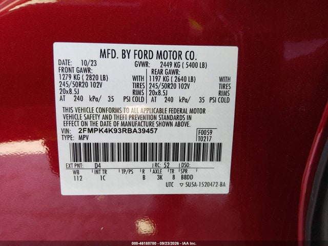 46188780 :رقم المزاد ، 2FMPK4K93RBA39457 vin ، 2024 Ford Edge Titanium مزاد بيع