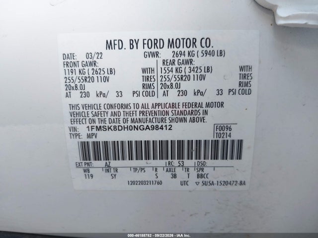 Aukcja sprzedaży 2022 Ford Explorer Xlt, vin: 1FMSK8DH0NGA98412, numer aukcji: 46188782