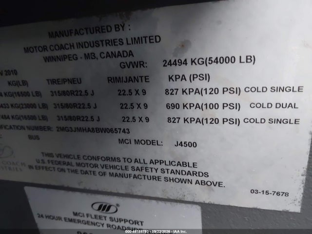 46188793 :رقم المزاد ، 2MG3JMHA8BW065743 vin ، 2011 Motor Coach Industries Transit Bus مزاد بيع