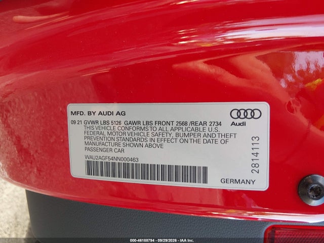 Продажа на аукционе авто 2022 Audi A5 Cabriolet Premium, vin: WAU2AGF54NN000463, номер лота: 46188794