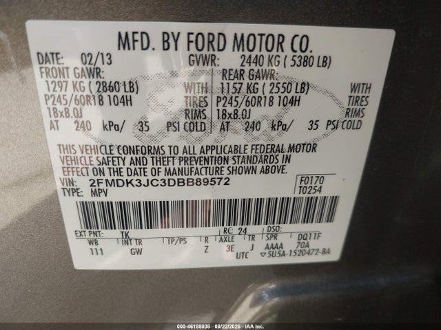 2013 Ford Edge Sel მანქანა იყიდება აუქციონზე, vin: 2FMDK3JC3DBB89572, აუქციონის ნომერი: 46188808