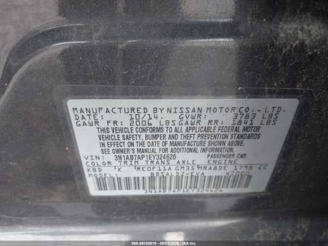 Продаж на аукціоні авто 2014 Nissan Sentra Sv, vin: 3N1AB7AP1EY324626, номер лоту: 46188810
