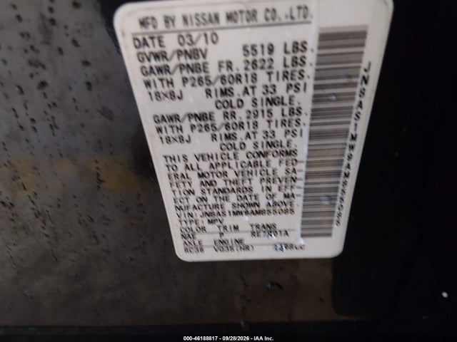 46188817 :رقم المزاد ، JN8AS1MW9AM855085 vin ، 2010 Infiniti Fx35 مزاد بيع