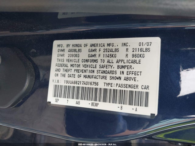 2007 Acura Tl 3.2/3.2 (a5) მანქანა იყიდება აუქციონზე, vin: 19UUA66217A016756, აუქციონის ნომერი: 46188820