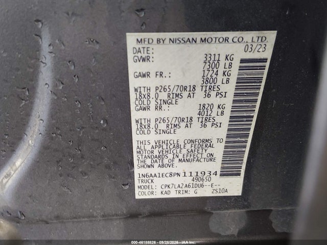 2023 Nissan Titan S 4x4 მანქანა იყიდება აუქციონზე, vin: 1N6AA1EC8PN111934, აუქციონის ნომერი: 46188826