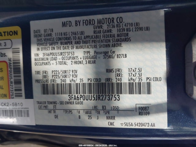 Продажа на аукционе авто 2018 Ford Fusion Hybrid S, vin: 3FA6P0UU5JR273753, номер лота: 46188834