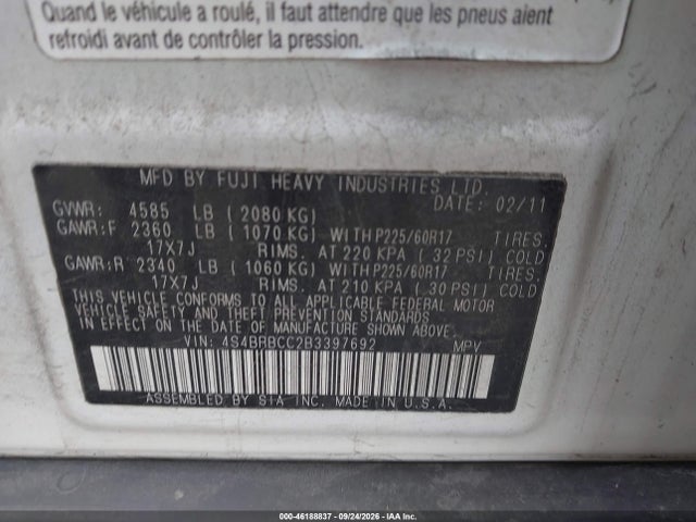 Продажа на аукционе авто 2011 Subaru Outback 2.5i Premium, vin: 4S4BRBCC2B3397692, номер лота: 46188837