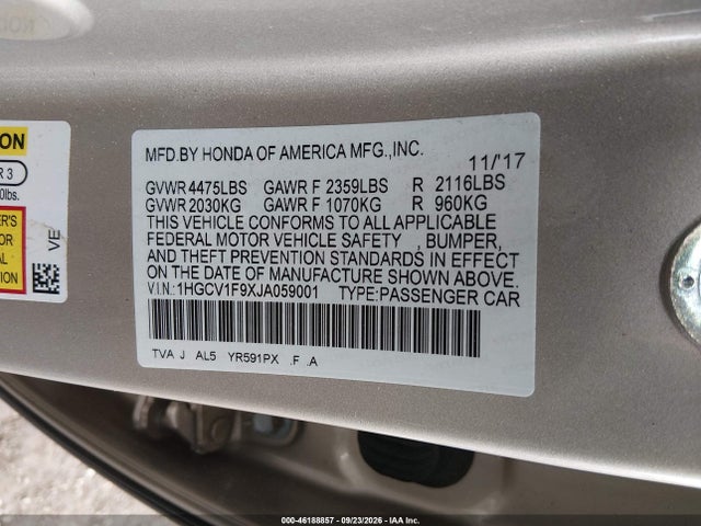 Aukcja sprzedaży 2018 Honda Accord Touring, vin: 1HGCV1F9XJA059001, numer aukcji: 46188857
