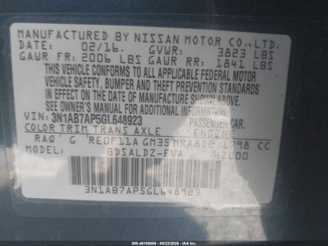 Продаж на аукціоні авто 2016 Nissan Sentra Sv, vin: 3N1AB7AP5GL648923, номер лоту: 46188868