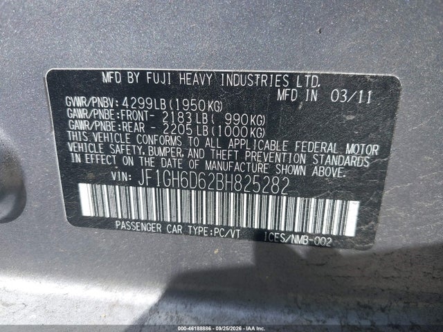 46188886 :رقم المزاد ، JF1GH6D62BH825282 vin ، 2011 Subaru Impreza Outback Sport مزاد بيع