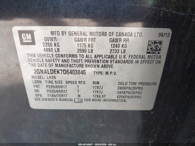 Aukcja sprzedaży 2013 Chevrolet Equinox Lt, vin: 2GNALDEK7D6403846, numer aukcji: 46188887