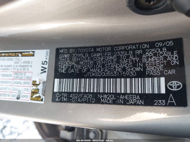 Продажа на аукционе авто 2005 Toyota Prius, vin: JTDKB20U553115930, номер лота: 46188896