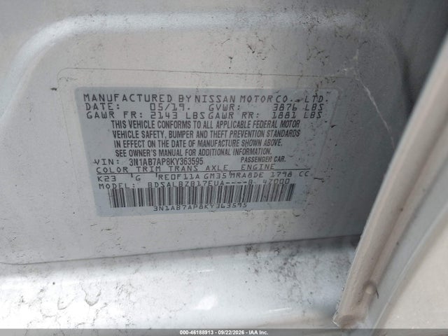 2019 Nissan Sentra S მანქანა იყიდება აუქციონზე, vin: 3N1AB7AP8KY363595, აუქციონის ნომერი: 46188913